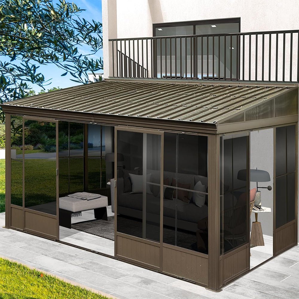 [12X14FT] Large Outdoor All-Season Wall Mounted Sunroom Solarium With Galvanized Steel Roof & Moveable PVC Screen (SAK46475)