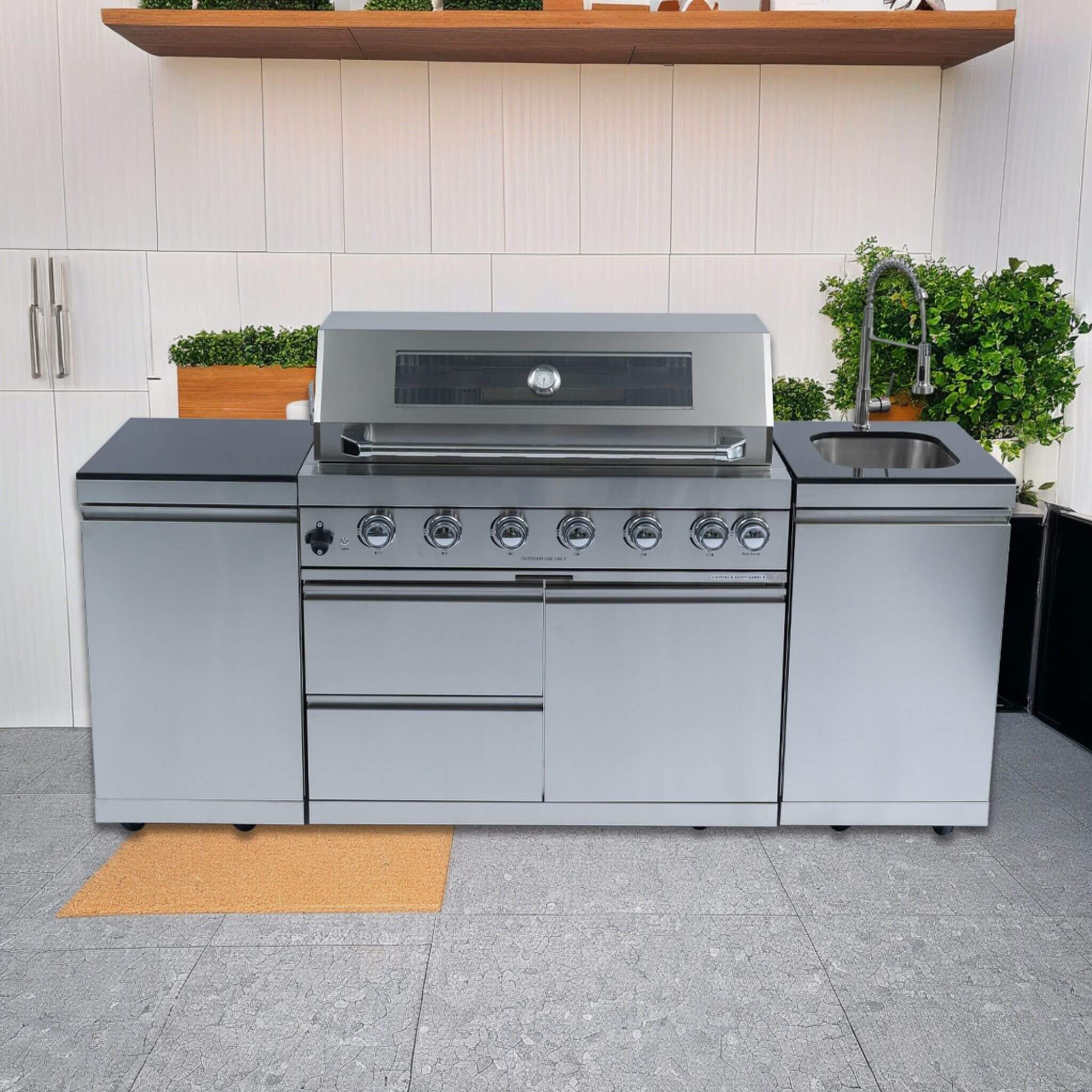 Castelle Flame Outdoor BBQ Kitchen Island With 43-Inch 6-Burner 85K BTU Propane Gas Grill, Rotisserie Kit, And Storage Cabinets (SAK95623)